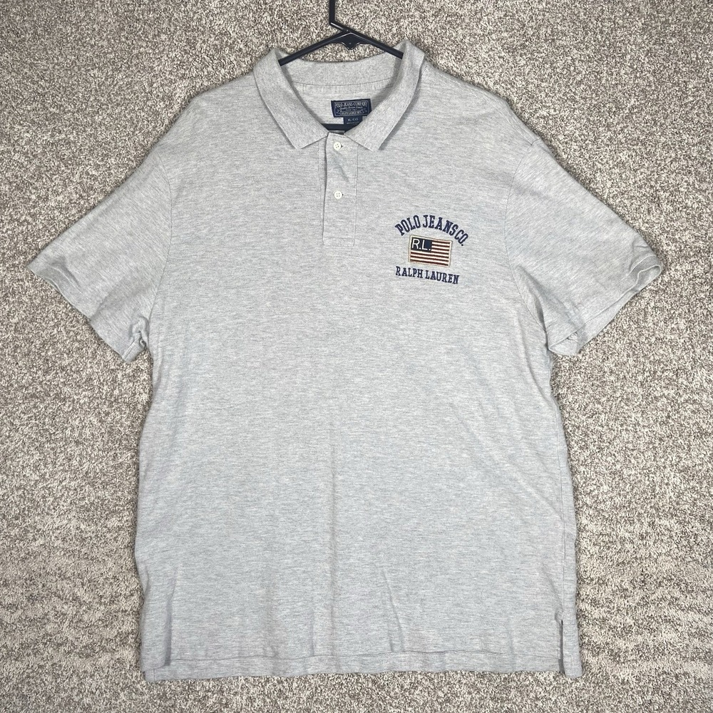 Polo Jeans Co Ralph Lauren Polo Shirt Mens XL Gray American Flag USA Preppy